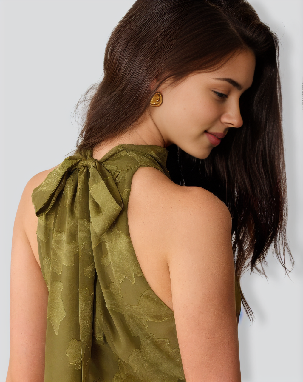 Green Jacquard Ruched Halter Midi Dress