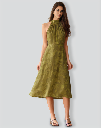 Green Jacquard Ruched Halter Midi Dress