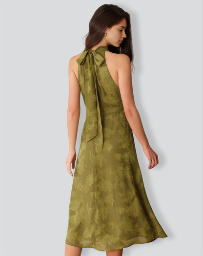 Green Jacquard Ruched Halter Midi Dress