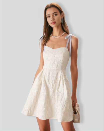 Off White Jacquard Tie Strap Mini Dress