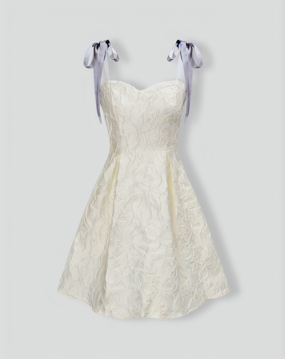 Off White Jacquard Tie Strap Mini Dress