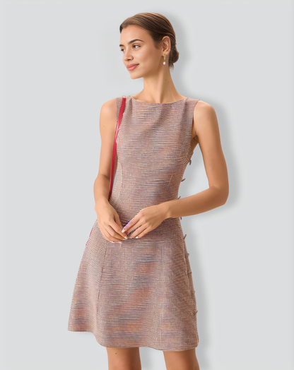 Women's Boat Neck Brown Plaid Mini Dress