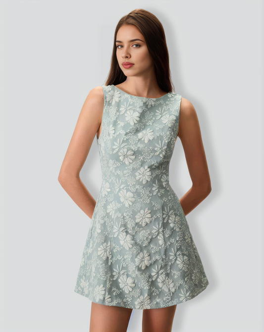 Women's Green Boat Neck Jacquard Mini Dress