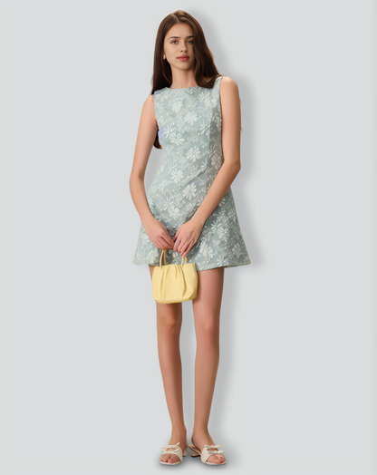 Women's Green Boat Neck Jacquard Mini Dress
