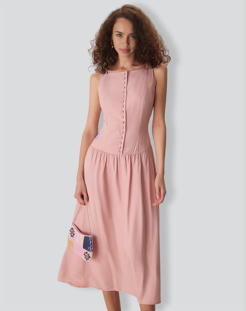 Women's Pink Boat Neck Sleeveless Lyocell Midi Dress