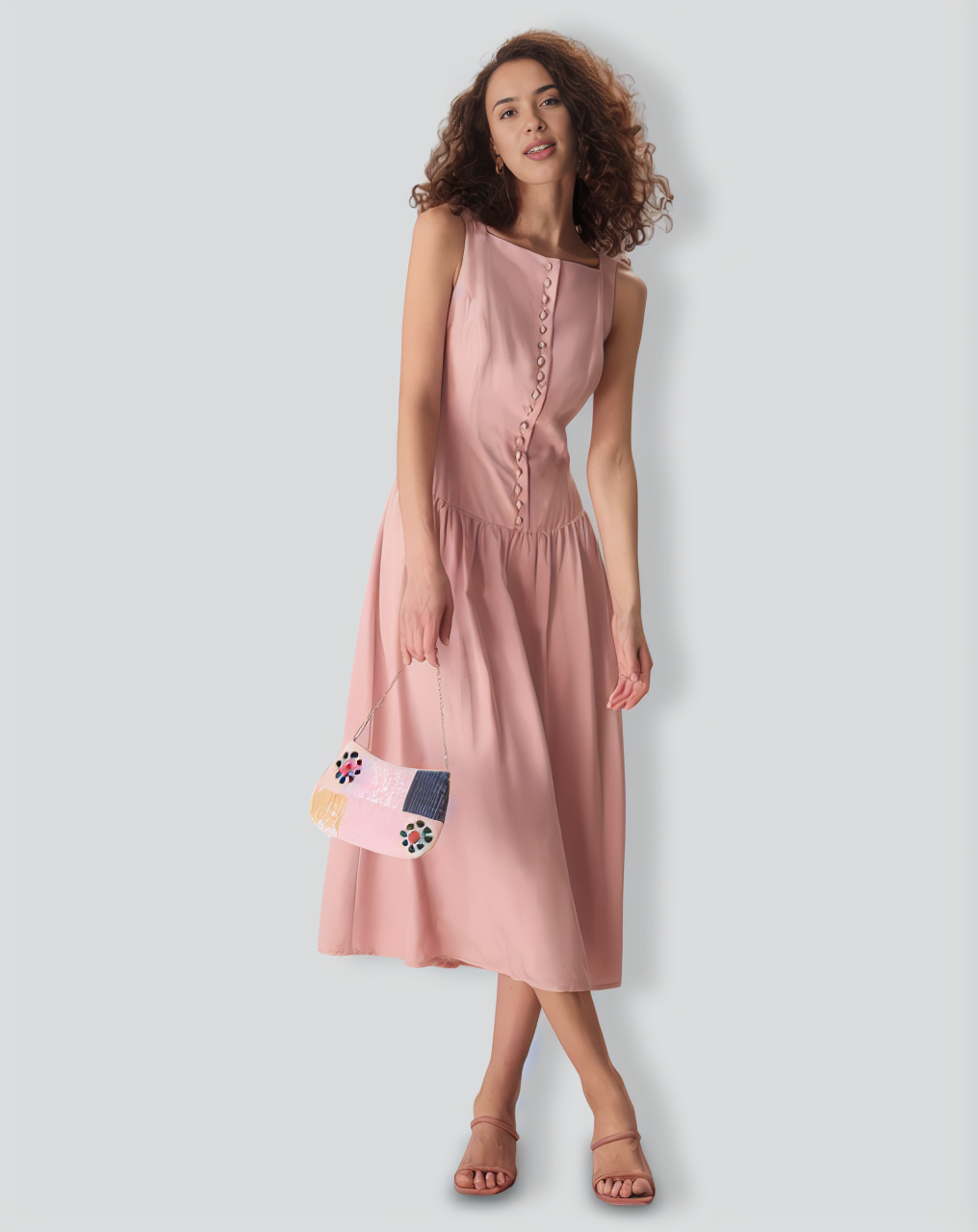 Women's Pink Boat Neck Sleeveless Lyocell Midi Dress