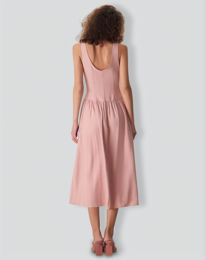 Women's Pink Boat Neck Sleeveless Lyocell Midi Dress