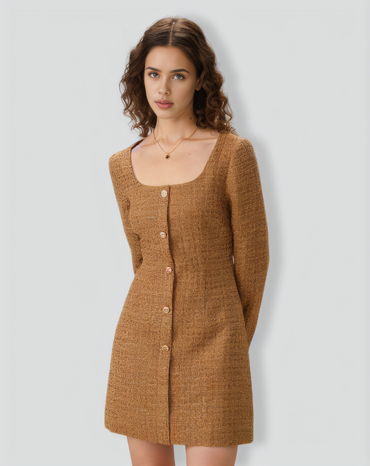 Brown U Neck Button-Up Tweed Mini Dress