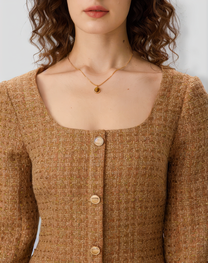 Brown U Neck Button-Up Tweed Mini Dress