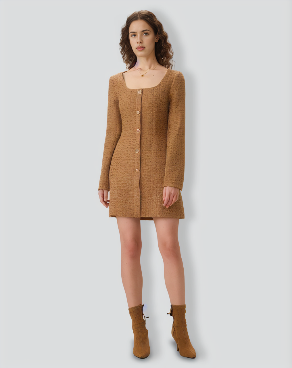 Brown U Neck Button-Up Tweed Mini Dress