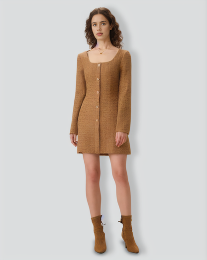 Brown U Neck Button-Up Tweed Mini Dress