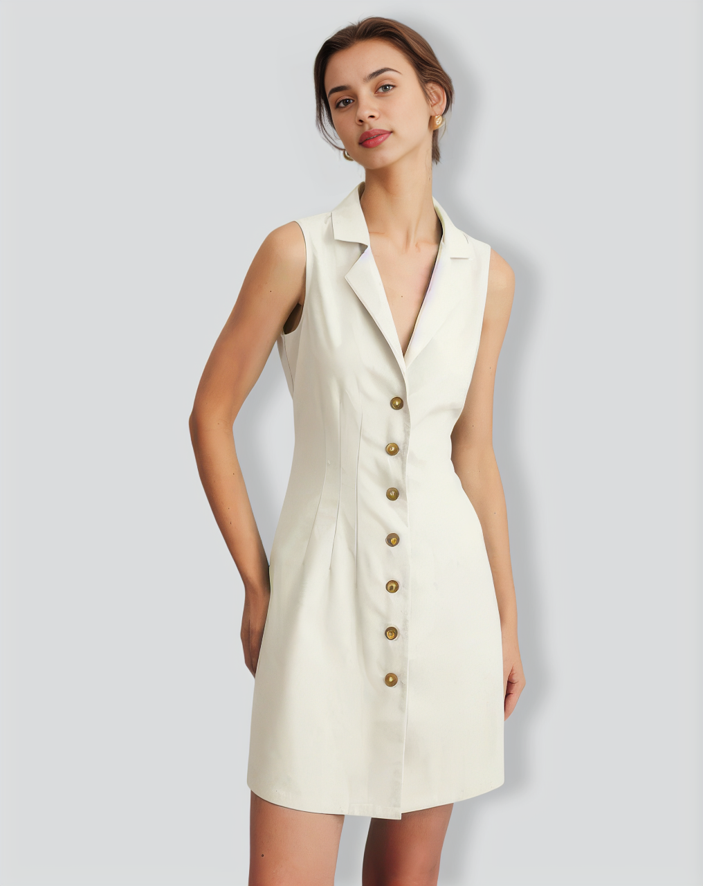 The Beige Lapel Button-up Sleeveless Mini Dress