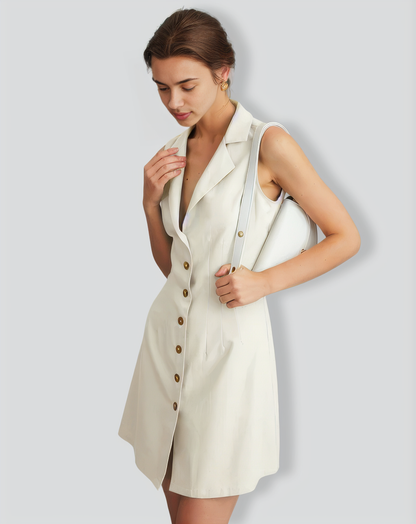 The Beige Lapel Button-up Sleeveless Mini Dress