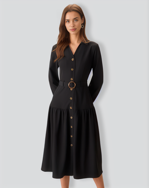 Women's Black V Neck Belted Midi Dress