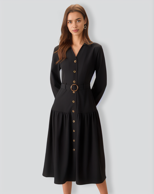Women's Black V Neck Belted Midi Dress