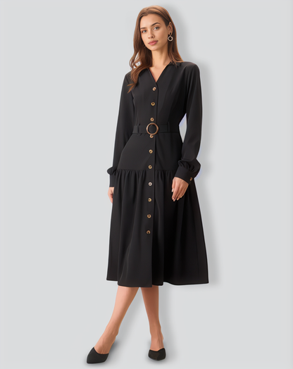 Women's Black V Neck Belted Midi Dress