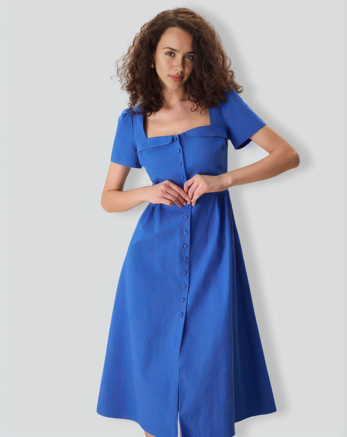 The Blue Sweetheart Neck Button Midi Dress