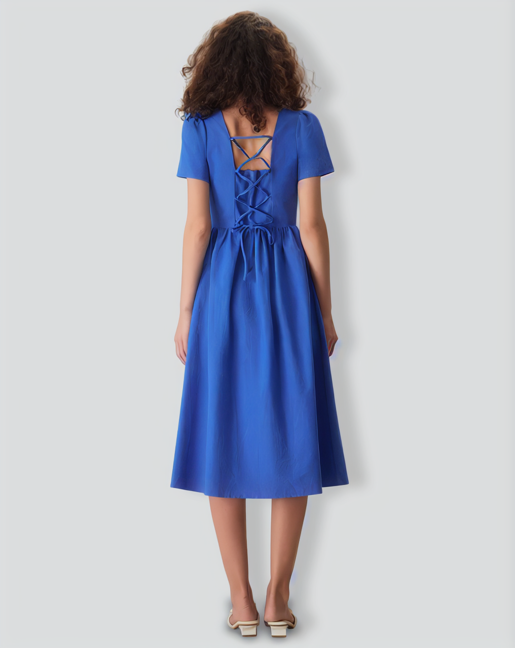 The Blue Sweetheart Neck Button Midi Dress