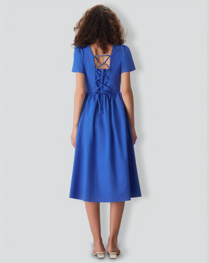 The Blue Sweetheart Neck Button Midi Dress