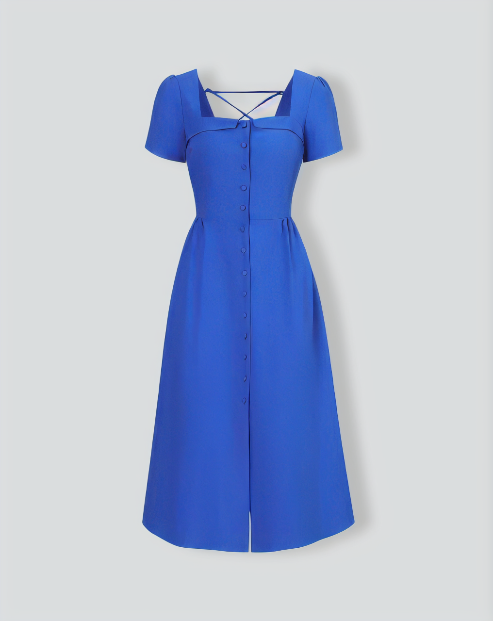 The Blue Sweetheart Neck Button Midi Dress