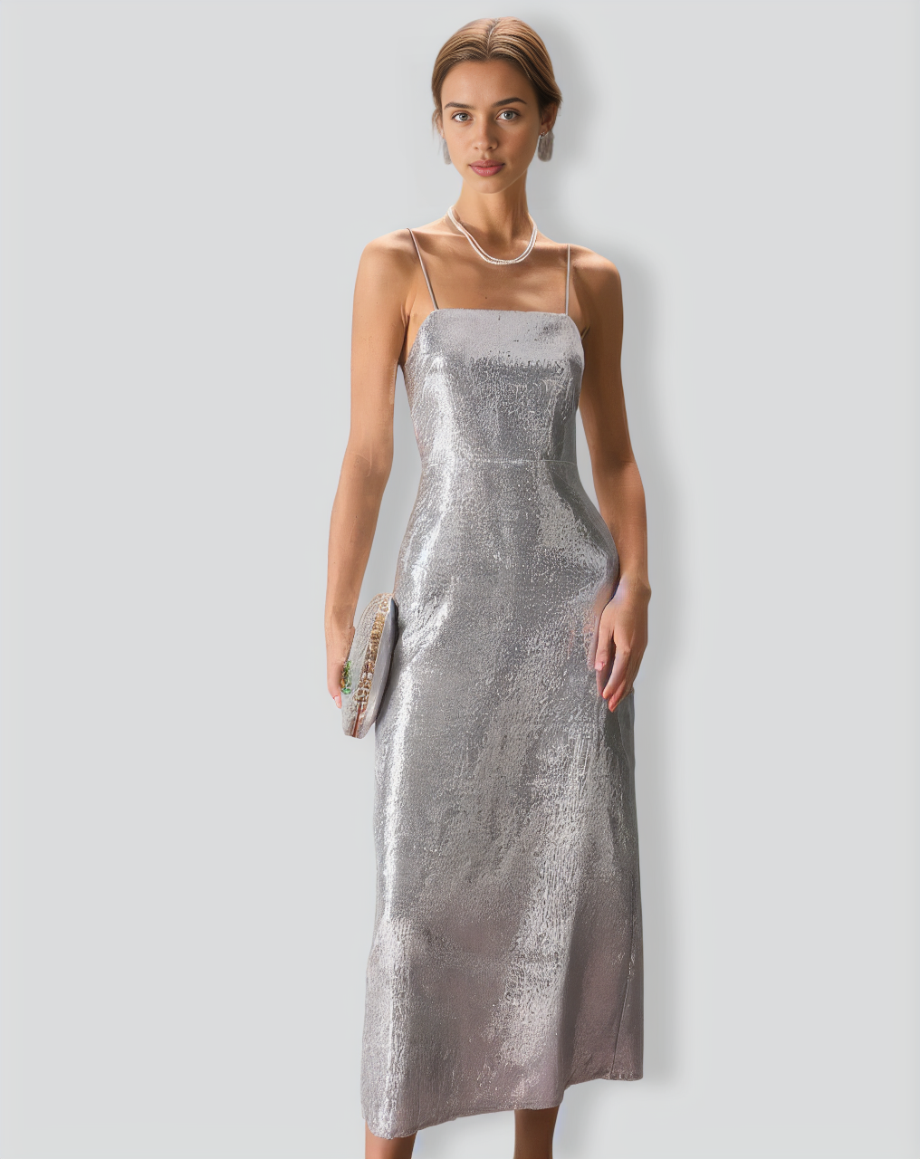 The Silver Sequin Sleeveless Strap Maxi Dress