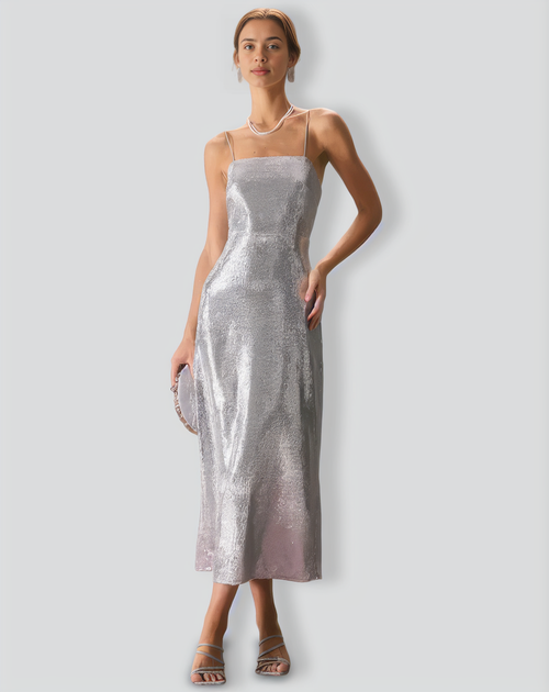 The Silver Sequin Sleeveless Strap Maxi Dress