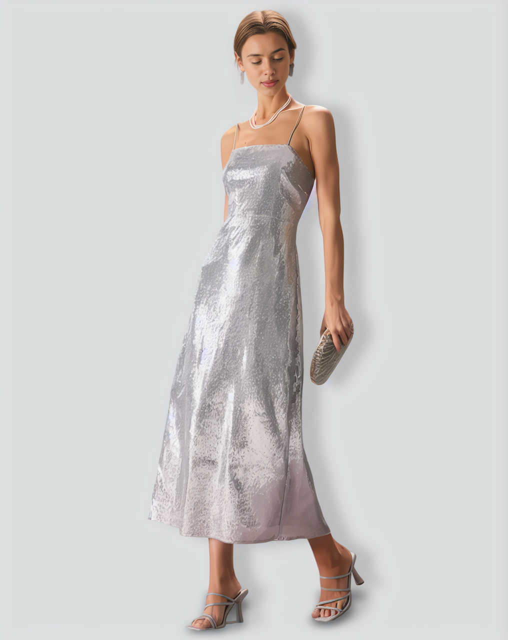 The Silver Sequin Sleeveless Strap Maxi Dress