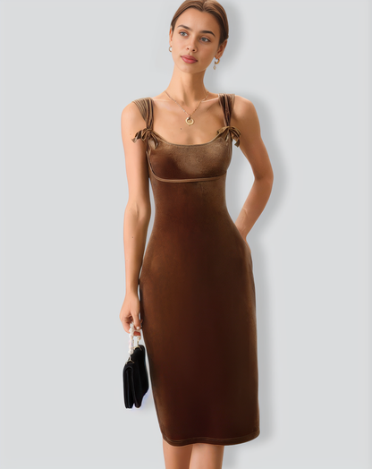 Brown Velvet Bodycon Midi Dress
