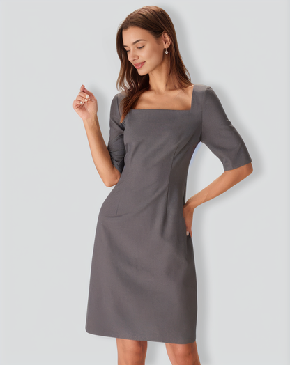 Grey Square Neck Slit Midi Dress