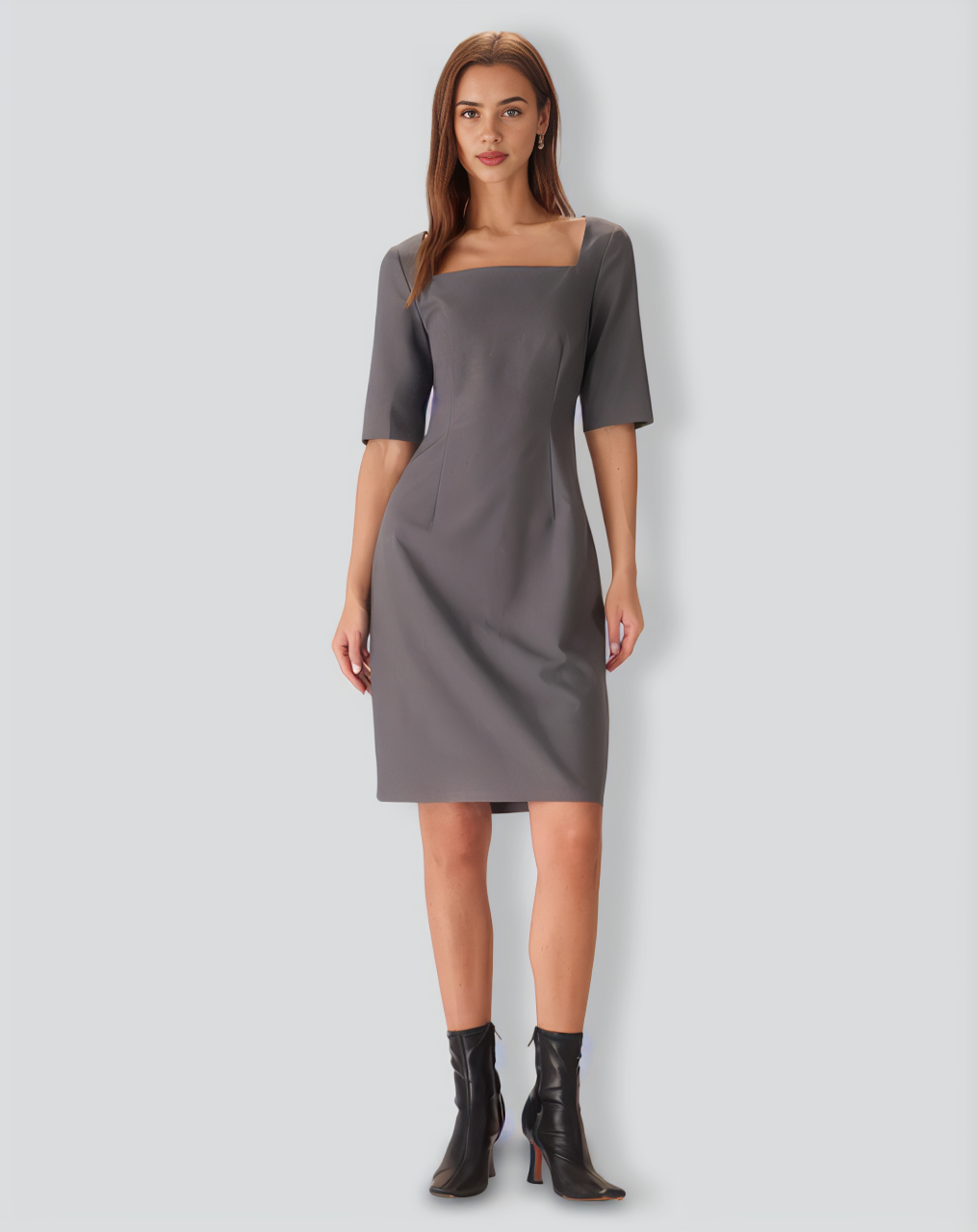 Grey Square Neck Slit Midi Dress