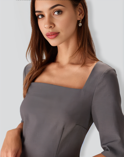Grey Square Neck Slit Midi Dress