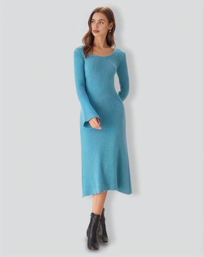 Blue U Neck Bell Sleeve Sweater Dress
