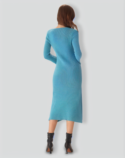 Blue U Neck Bell Sleeve Sweater Dress
