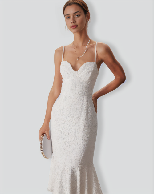 The White Lace Ruffle Slip Mermaid Midi Dress