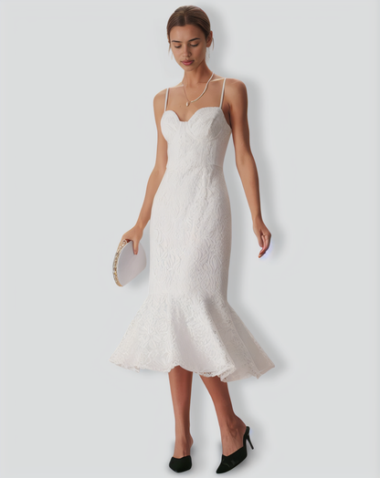 The White Lace Ruffle Slip Mermaid Midi Dress