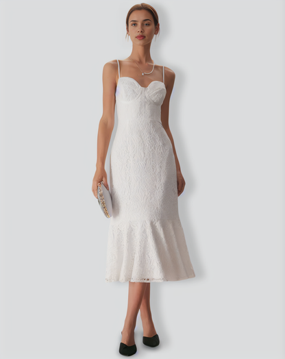 The White Lace Ruffle Slip Mermaid Midi Dress