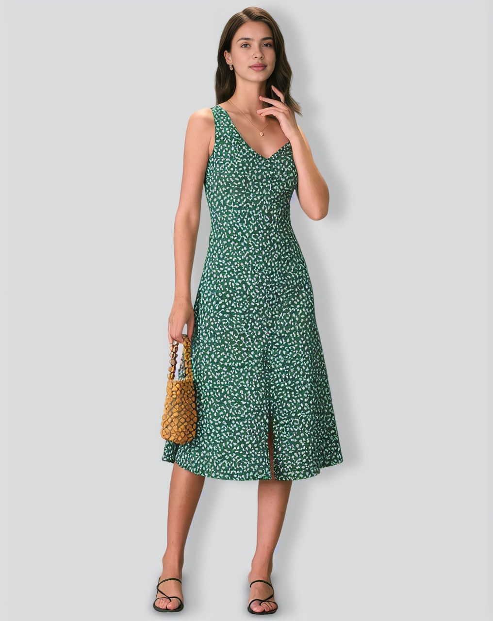 The Green V Neck Floral Button Midi Dress