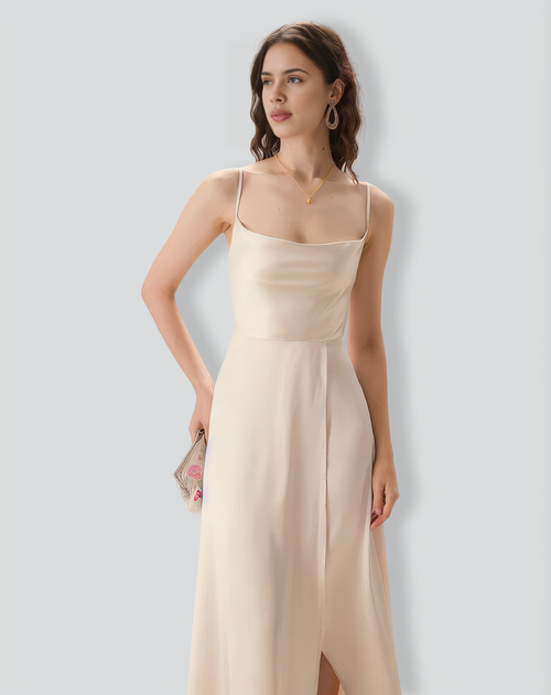 Apricot Satin Cowl Neck Slip Maxi Dress