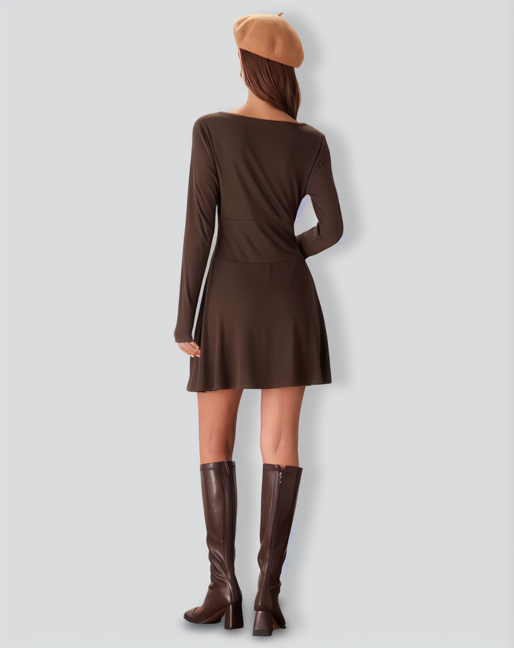 Brown Boat Neck Pleated Mini Dress