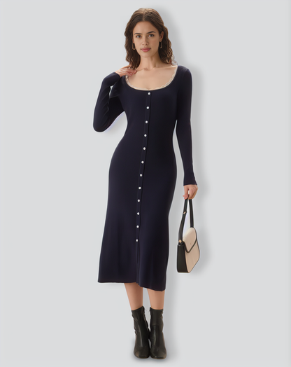 Navy Contrasting Button-Up Sweater Dress