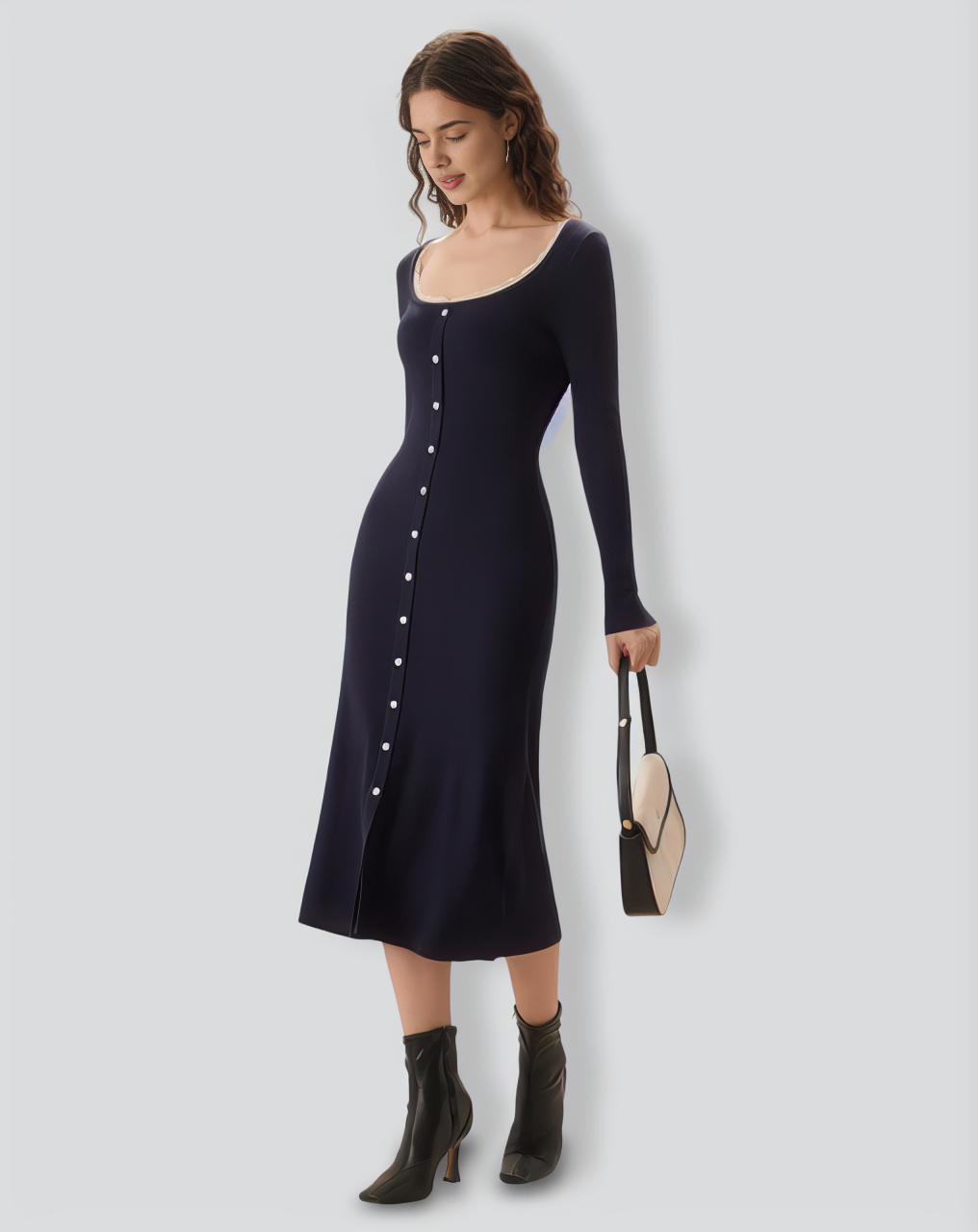 Navy Contrasting Button-Up Sweater Dress