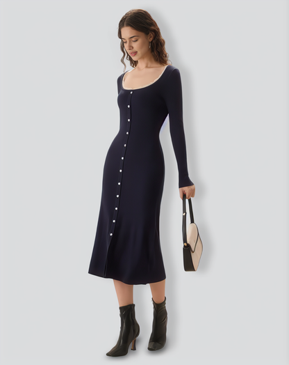 Navy Contrasting Button-Up Sweater Dress