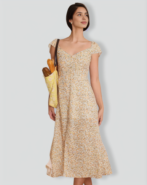 The Yellow V Neck Floral Slit Midi Dress