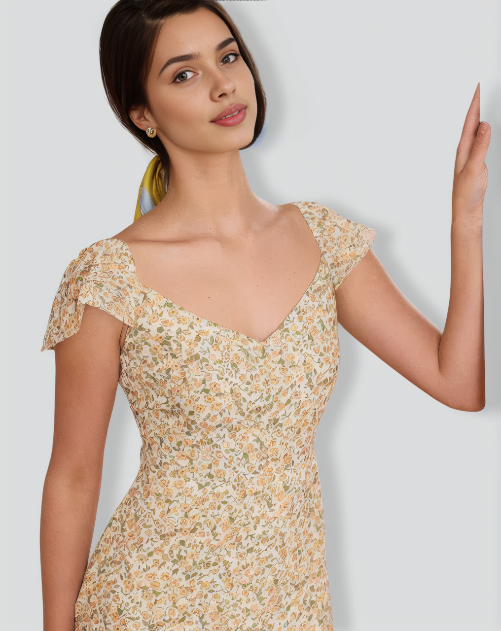 The Yellow V Neck Floral Slit Midi Dress