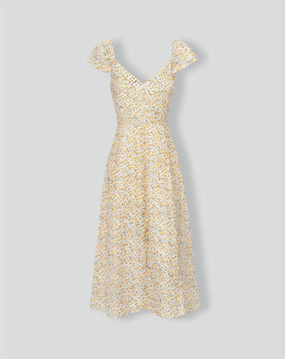 The Yellow V Neck Floral Slit Midi Dress