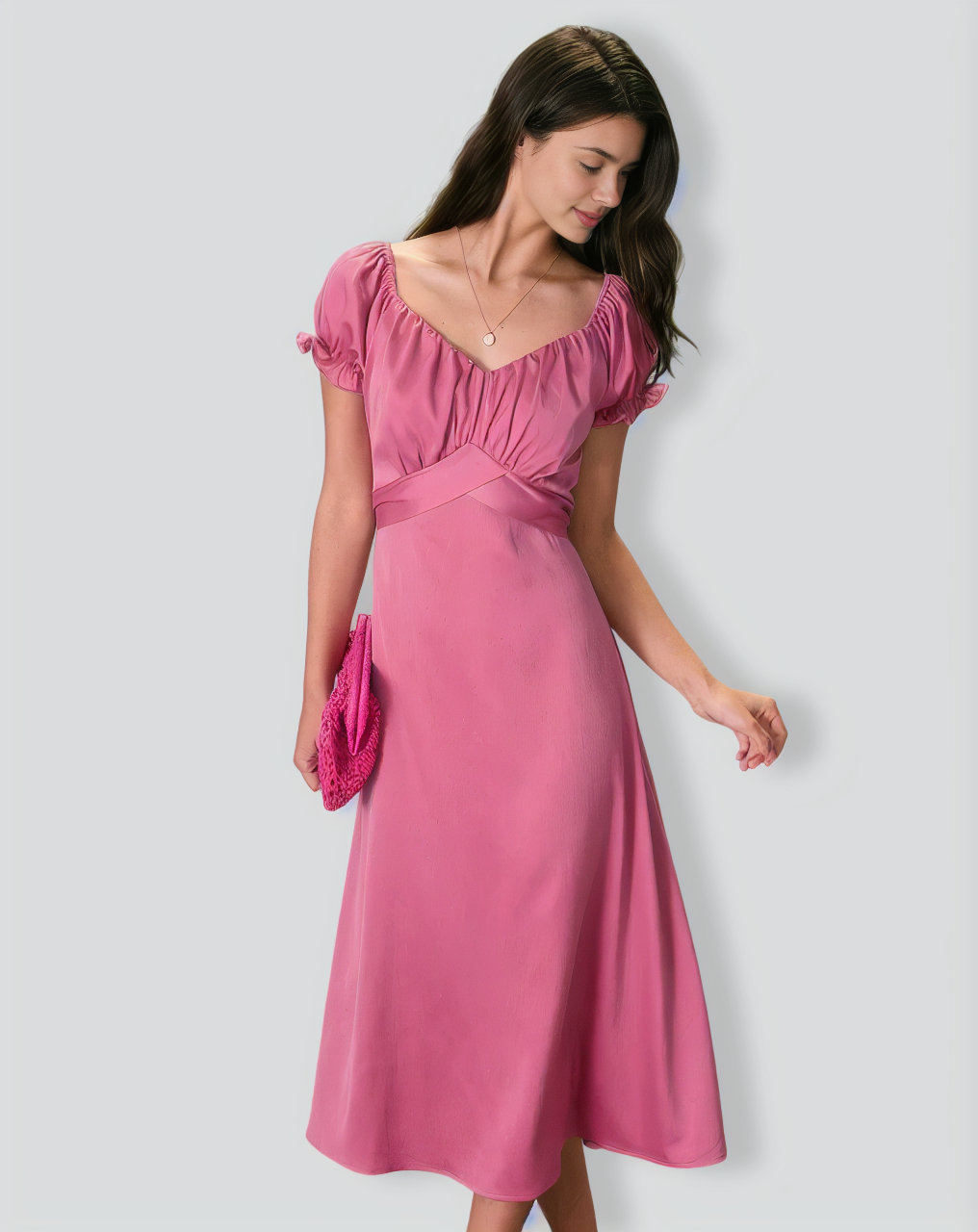 The Pink Sweetheart Neck Ruched Satin Midi Dress