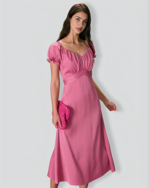 The Pink Sweetheart Neck Ruched Satin Midi Dress