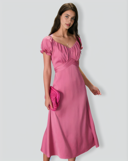 The Pink Sweetheart Neck Ruched Satin Midi Dress