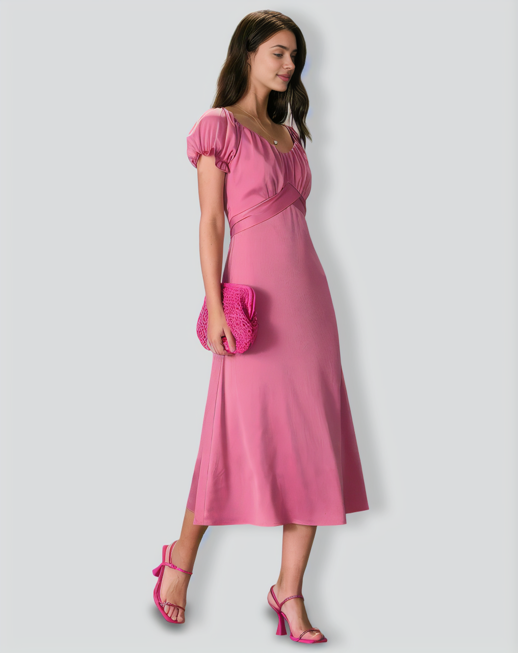 The Pink Sweetheart Neck Ruched Satin Midi Dress