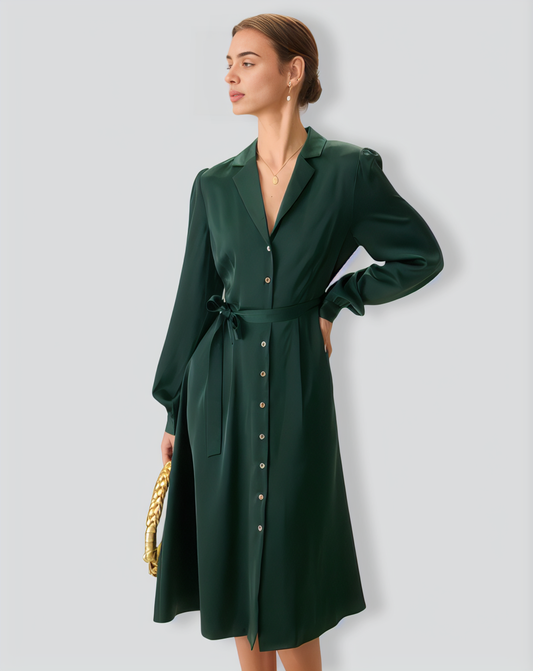Green Satin Button Midi Dress
